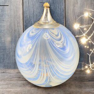 Vintage Pulled Feather Art Glass Oil Lamp Container Orb Blue White Dot Container